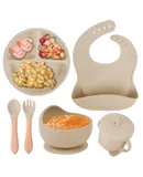 Baby silicone tableware set baby learn to eat auxiliary tableware independent eating suction cup bowl all in one Children's dinner plate BPA-free food-grade silicone-Six-piece suit in white