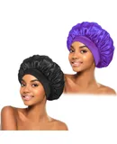 2Pcs Silk Bonnet for Sleeping, Satin Hair Bonnets, Soft Elastic Band Silk Sleep Cap, Hair Wrap for Women (Color-B Black_Purple)