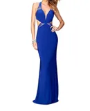 La Femme V Neck Jersey Gown In Sapphire