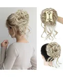 Hairpieces，Faux Hair Bun Tousled Updo Hair，Messy Bun Hair Piece Claw Clip Curly Wavy Bun Hair  (Mix Blonde)Gold-2pcs