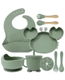 Children's dinner plate cartoon crab silicone tableware children's silicone dinner plate nine-piece set of one-piece three-compartment complementary food bowl food-grade silicone mat-Army green nine-piece set