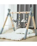 Wooden Baby Play Gym Foldable Baby Play Gym Frame Activity Gym Hanging Bar with 5 Gym Baby Toys Natural for Newborn Baby (Foldable Grey)