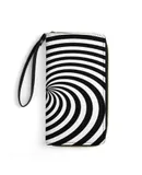 Black And White Op-Art Spiral Wallet for Womens PU Leather Zip Around Wallers Clutch Wristlet Travel Long Purse