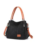 Canvas women's bag Shoulder bag with leather straddle backpack Large capacity commuter Tote Tote bag-black