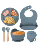 Baby silicone tableBaby silicone tableware set baby learn to eat auxiliary tableware independent eating suction cup bowl all in one Children's dinner plate BPA-free food-grade silicone-Six-piece suit in Ocean blue