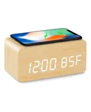 MOSITO Digital Wooden Alarm Clock with Wireless Charging,Wood LED Clocks for Bedroom, Bedside, Desk, Kids -beige
