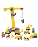Bigjigs Rail Juego de construcción de grúa amarilla de madera, la grúa mide 38 cm de alto, el juego incluye 13 piezas