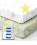 Space Crib Fitted Sheet, Super Stretchy Jersey Star Crib Sheets, Buttery Soft Boy Crib Mattress Sheets, Ultra Breathable Baby Bed Sheets 28x52x9 Extra Deep Pocket, 2 Pack