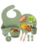 Child set of silicone tableware set baby spoon fork bib auxiliary food dinner plate bowl food grade silicone tableware ten pieces set -army green