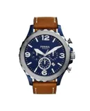 Reloj Fossil Hombre | Coleccion Nate | Modelo JR1504 | Caja Redonda | Ø 50mm Acero inoxidable | Cierre Hebilla | Movimiento Cuarzo | Dial Azul | Cristal Mineral | Correa Cuero Marrón | 100m / 10 ATM | Línea Deportiva