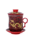 Chinese Dragon Pattern Tea-Mug with Strainer Infuser and Lid and Saucer Ceramic Tea Mug Convenient Porcelain Personal Tea Cup-red sea wave