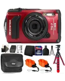 OM SYSTEM Tough TG-7 Digital Camera (Red) + 32GB Transcend SDHC Memory Card + Large Rubberized Spider Tripod + Neoprene Compact Protective Carrying Case for Travel  + 2x Floating Foam Strap-Orange + Memory Card Wallet + Memory Card Reader + Cleaning Kit