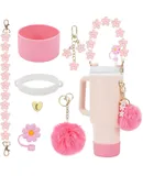 Accessories for Stanley Cup Set Including Water Bottle Handle Strap, Siliocne Stanley Cup Boot, Siliocne Straw Cover, Stanley Charms for Stanley Cup 40oz & 30oz Tumbler--Pink