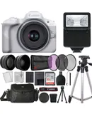 Canon EOS R50 Mirrorless Camera w/ 18-45mm Lens (White) + 32GB SDHC Card + 49mm 2X Telephoto Lens Attachment + 49mm HD Wide Angle Lens Attachment + 49mm HD UV CPL FLD Filters + Tripod + Case + flash + Cleaning Kit + Pocket Tripod + Lens Cap Holder + Reade