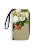 Vintage White Magnolia Pattern on Khaki Background Wallet for Womens PU Leather Zip Around Wallers Clutch Wristlet Travel Long Purse