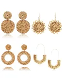 Handmade Raffia Rattan Earrings Lightweight Teardrop Geometric Statement Bohemian Earrings for Women, Boho Cute Hoop Drop Dangle Earrings Set--4 Pairs(C)