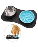 Slow Feeder Dog Bowls 3 in 1 Stainless Steel Food and Water Bowls with Non-Spill and Skid Silicone Mat to Slow Down Eating for Large Medium Small Breed Size Dogs and Cats