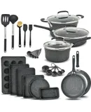 Pots and Pans Set Non Stick Ceramic – 23-Piece Cookware & Bakeware Sets with Plaid Pattern, Stackable Design, Dishwasher Safe, Stain-resistant, Oven & All-Stove Safe, Tempered Glass Lid, Dark Gray