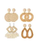 Handmade Raffia Rattan Earrings Lightweight Teardrop Geometric Statement Bohemian Earrings for Women, Boho Cute Hoop Drop Dangle Earrings Set--4 Pairs(B)