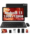 Android 13 Tablet Newest 10.1 inch Tablets,12GB RAM 128GB ROM 1TB Expand,Octa-Core Processor,Dual Camera,WiFi 5,GPS,Bluetooth 5.0,6000mAh Long Battery Life with Keyboard/Mouse-Black