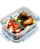 Demasi Heat-Resistant Glass Food Storage Container, Microwave-Safe Lunch Box, Refrigerator Organizer for Office Workers, Bento Bowl, Nordic Blue with Dividers, 1000ml