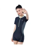 Li-Ning Women's One-Piece Swimsuit, Professional Square-Leg Conservative High-Elastic Breathable Slim-Fit Swimwear, Hot Spring Resort Swimwear, 472 Black-Green, 3XL
