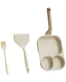 JD Original Breakfast Pan, Multifunctional Egg Frying Three-In Non-Stick Flat Bottom Pan with Maifan Stone Color And Silicone Oil Brush