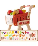 AoZhiJia Shopping Cart Toy, Girls' Pretend Play Kitchen Trolley, Fruit Cutting Set, 3-6 Years Old Birthday Gift, Red