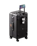 Reebok PC Rolling Luggage Suitcase with Multi-functional Cup Holder, Boarding Travel Password Box, Rock Black 20-inch