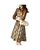 Dme [Grid Patchwork A-Line Umbrella Skirt], Spring And Autumn Season, Lapel Waistband, Thin Style, Commuter Dress, Women's Long Dress