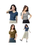 Giordano Women's Short-Sleeve T-Shirt with Elastic Ribbing, Knitted V-Neck Button-Up Top, Slim-Fit Elegant Blouse 13325342