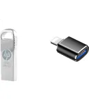 HP 32GB USB2.0 Flash Drive with Apple Lightning Adapter, V206w, Silver Metal, Mini Computer Business USB Drive