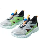 XTEP Children's Shoes for Boys, Breathable Mesh Leather Casual Shoes with Buckle, Black/silver/new Leaf Green, Size 39