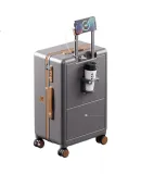 Reebok PC Suitcase, Multi-Functional Carry-On Luggage, Travel Password Lock Case, Leather Suitcase, English Gray-Brown, 20 Inch