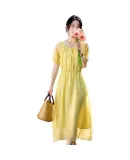 Vimly Chiffon Yellow Dress for Women, 2025 Summer New Style Elegant U-Neck Loose Tie-Waist Long Dress, Size M