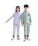 Hodohome Children's Pajamas for Boys, Class A Pure Cotton Home Wear, Cartoon Print Long-Sleeve Cardigan Set for Boys, 111 130