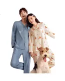 PurCotton Fall 2025 New Pajamas [Lightweight Soft Balance Heat And Moisture], Cute Couple's Loungewear with Double-Layer Gauze Printed Desig