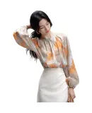 Dme [ "Love Wearing Floral Blouses" Series] Spring Diamond Chiffon Blouse, Large Sleeves, Slim-Fit Shirt, Women's Top