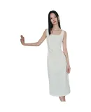 Taipingniao Women's Sleeveless Dress with Square Neckline, Elegant Spaghetti Strap, Spring Waist-Cinching, Pleated Mid-Length Dress in Off-White, Size M