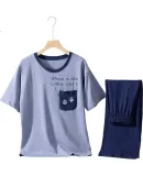 Dingguagua Summer Pure Cotton Boys' Pajama Set, Youth Large Size Thin Style Boys' Home Wear Short Sleeve, Blue, 165