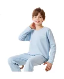 MiiOW Boys' Pajamas, Children's Sleepwear, Pure Cotton Long-Sleeve, Spring And Autumn Season, for Older Children, Boys' Home Wear Set, Gray-Blue, Size 140