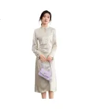 Sentubila Chinese-Style Mandarin Collar Metal Button Dress for Women, Autumn New Chinese Satin Jacquard Dress with Side Pleats And Mid-Length Skirt