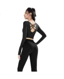 VICTORIATOURIST Women's Yoga Outfit, Spring And Summer Sports Set, Long-Sleeve Quick-Dry Fitness Pilates Training Wear with Chest Pads, Black, Size L