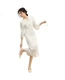 Sentubila Laisai National Style Lyocell Dress Women Autumn Chinese Knot Button V-Neck Embroidered Flared Sleeve Waist Cinched Slit Mid-Length Dress