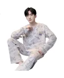 LangSha Cartoon Pure Cotton Pajamas for Men, Autumn New Style Round Neck Long Sleeve Pullover Youth Men's All-Cotton Personalized Home Wear Set