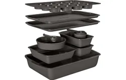 Gray 10-Piece Bakeware Sets&comma; Nonstick Carbon Steel Baking Sheet & Pans&comma; Stackable Space-Saving Bakeware&comma; Dishwasher Safe&comma; Stain-resistant&comma; PFOAPFOSPTFE Free&comma; Oven Safe Up To 450°F &lpar;230°C&rpar;