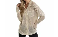 Kiwi Sequin Semi Sheer Button Down Top In Gold