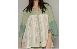 Pol Oversized Short Sleeve Crochet Top In Powder Herb