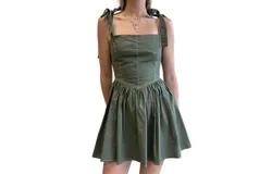 Idem Ditto Fierce Pocketed Linen Shoulder Tie Mini Dress In Olive