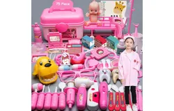 Children&apos;s doctor toy set tool medical box&comma; pink nurse uniform 75-piece set storage box 4 functions &plus; eye chart &plus; tooth filling dog &plus; doll bed